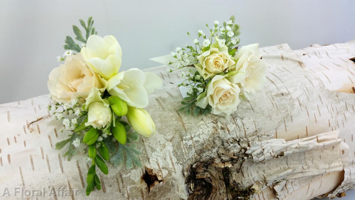 BF0725-White Freesia, Spray Rose and Babys Breath Corsage and Boutonnieres