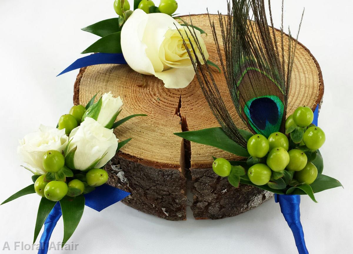 BF0739-White and Green Peacock Feather Boutonniere.