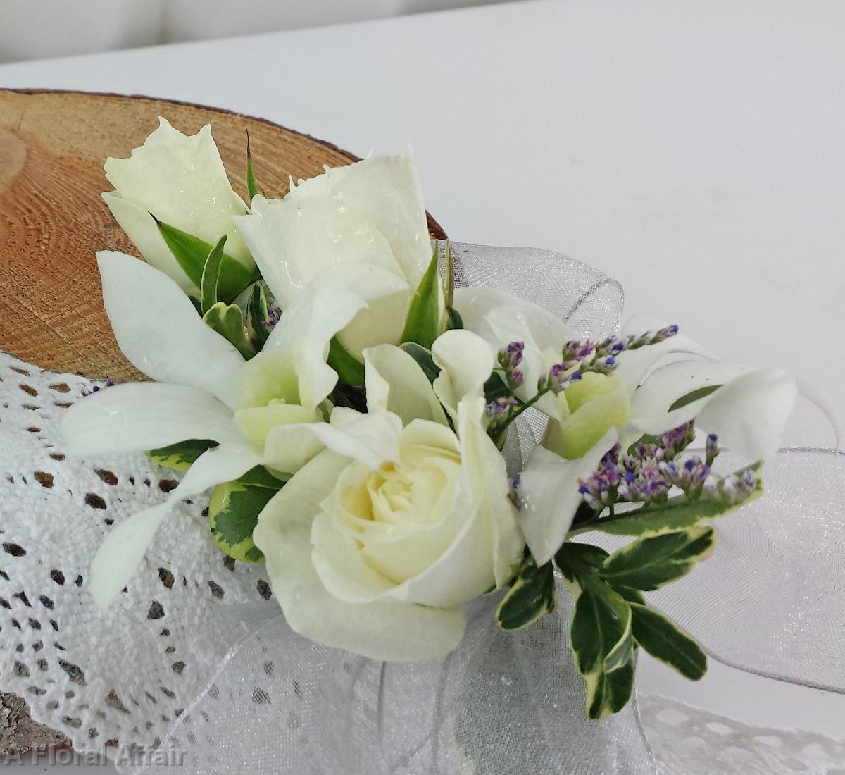 BF0754-White Dendrobium Orchid and Spray Rose Corsage