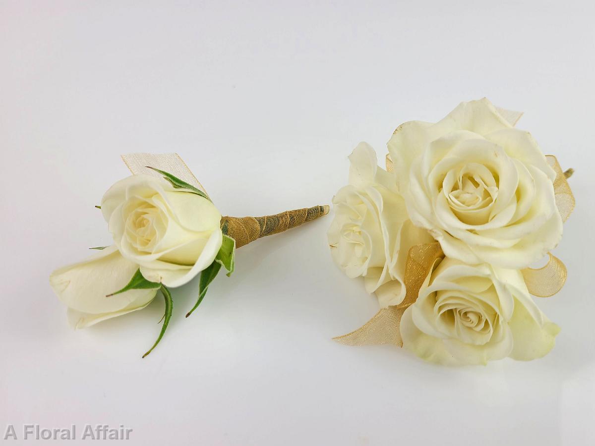 BF0796-White and Gold Boutonniere and Corsage