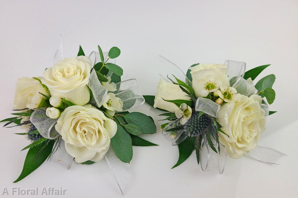 BF0801-White Spray Rose, Thistle and Wax Flower Wrist Corsage