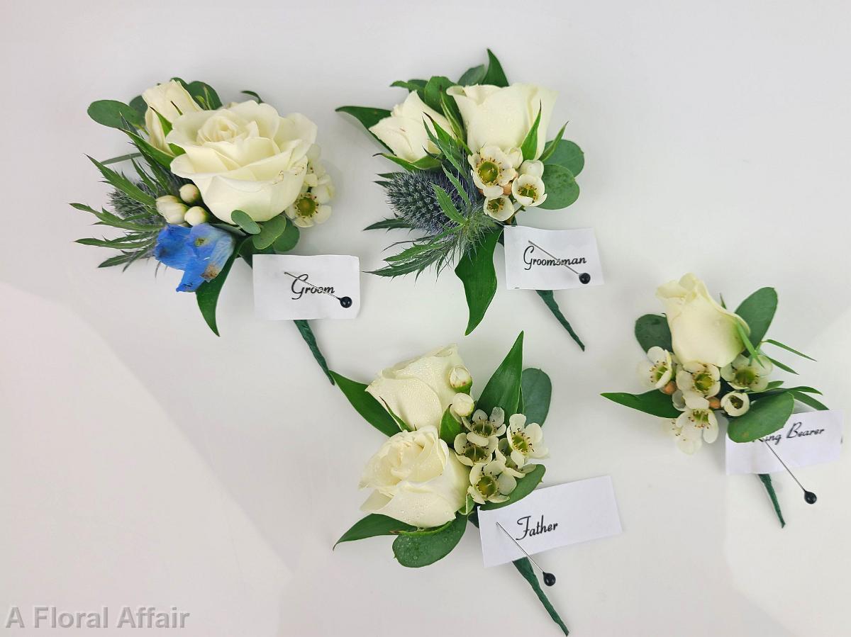 BF0802-White Spray Rose, Thistle and Wax Flower Boutonnieres