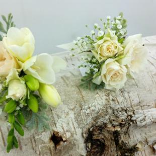 BF0725-White Freesia, Spray Rose and Babys Breath Corsage and Boutonnieres