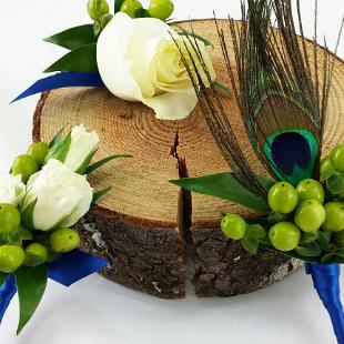 BF0739-White and Green Peacock Feather Boutonniere.