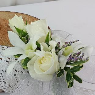 BF0754-White Dendrobium Orchid and Spray Rose Corsage