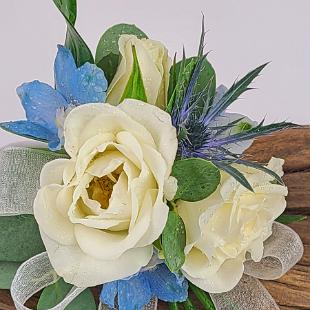 BF0799-White Spray Rose, Blue Belladonna Wrist Corsage-1