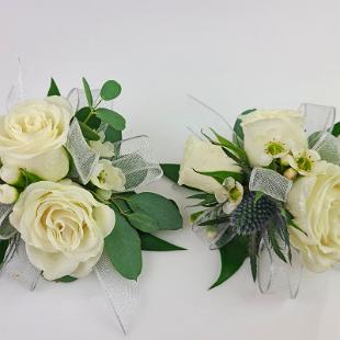 BF0801-White Spray Rose, Thistle and Wax Flower Wrist Corsage