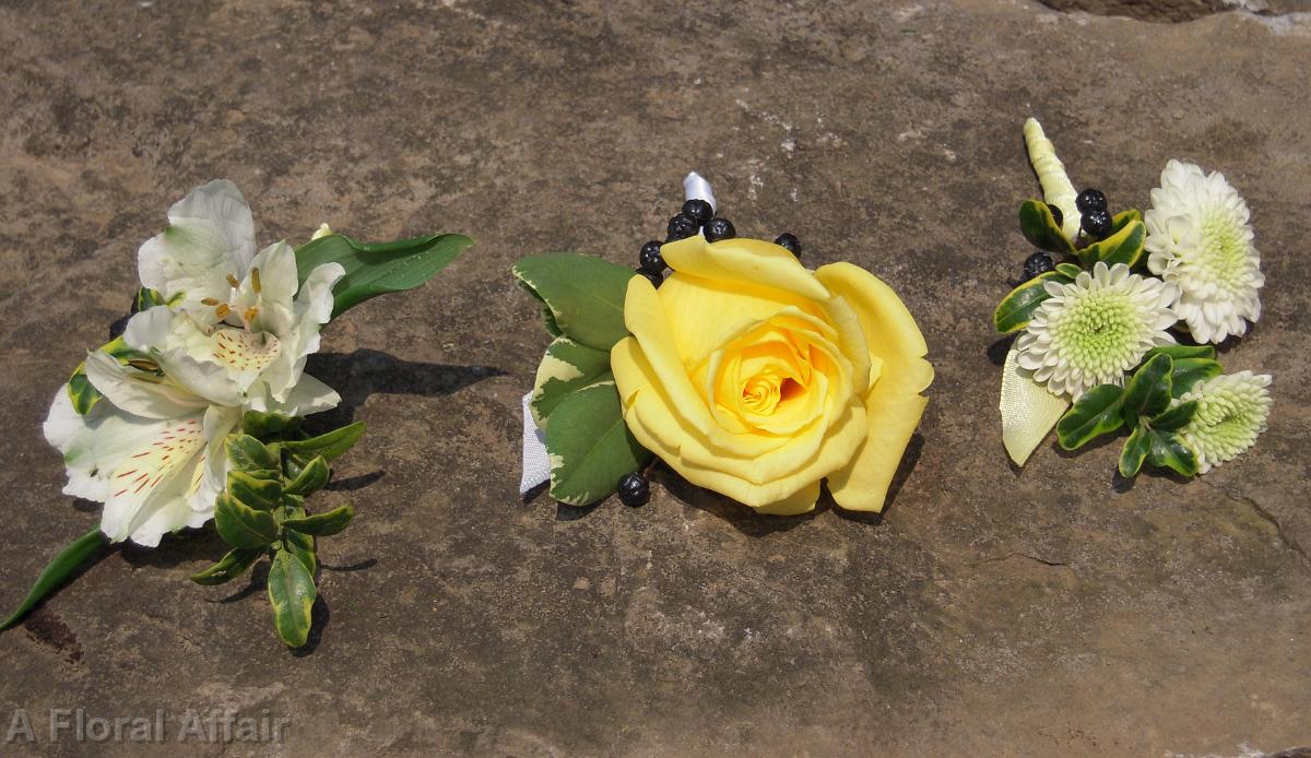 BF0386-White Alstroemeria and Button Mum Boutonieres