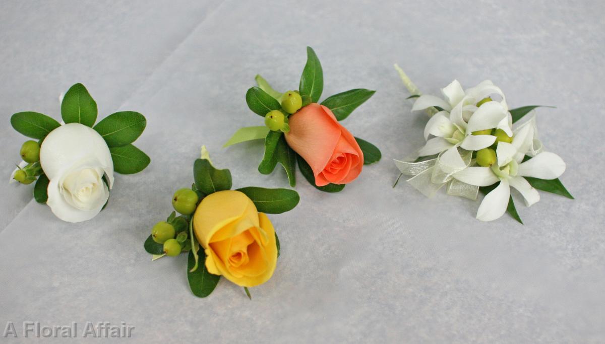 BF0470-White, Yellow and Orange Rose Booutonnieres