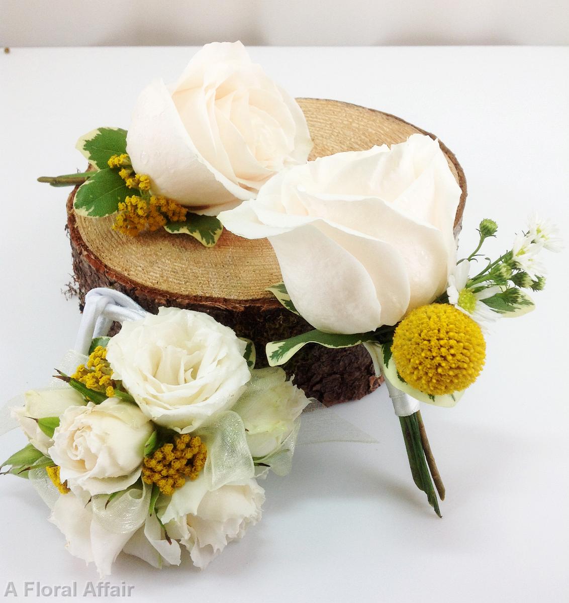 BF0625-Golden Yellow Billy Ball and Ivory Rose Boutonnieres and Corsage