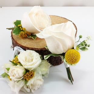 BF0625-Golden Yellow Billy Ball and Ivory Rose Boutonnieres and Corsage